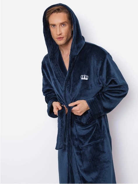 Luxe badjas heren – blauwe badjas met capuchon – borstborduring van kroon - herenbadjas zacht – luxury bathrobe – 100% fleece – maat S