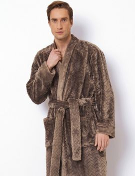 Extra lange heren kimono van fleece – reliëf patroon – taupe 