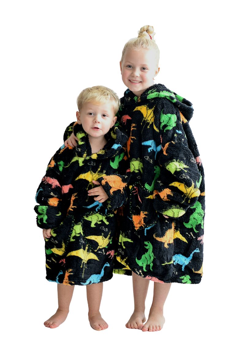 Dino deken kind met capuchon fleece poncho-134 t-m 158 (ca.8-12 jaar)