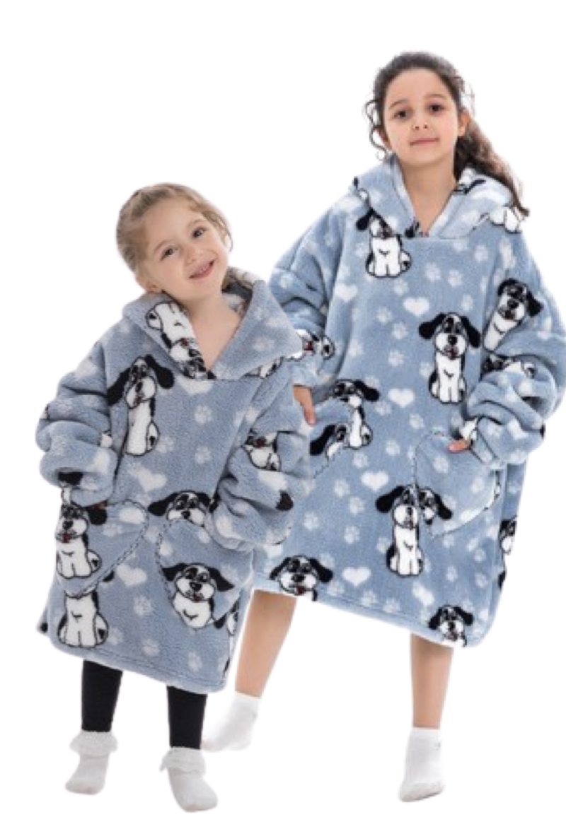 Hondjes deken kind met capuchon fleece poncho-134 t-m 158 (ca.8-12 jaar)