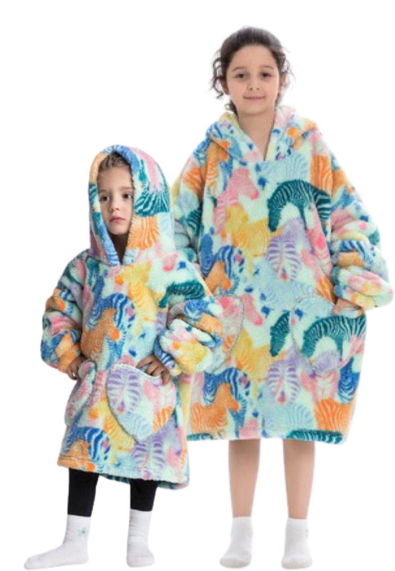 Zebra deken kind met capuchon fleece poncho-134 t-m 158 (ca.8-12 jaar)