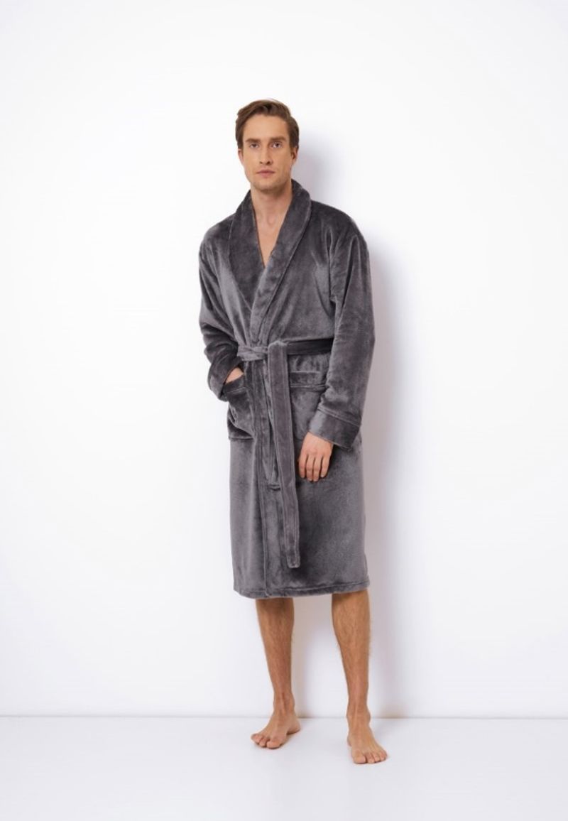 Luxe badjas heren – grijze badjas met luxe details – kroon borduring - herenbadjas zacht – luxury bathrobe – 100% fleece – maat L