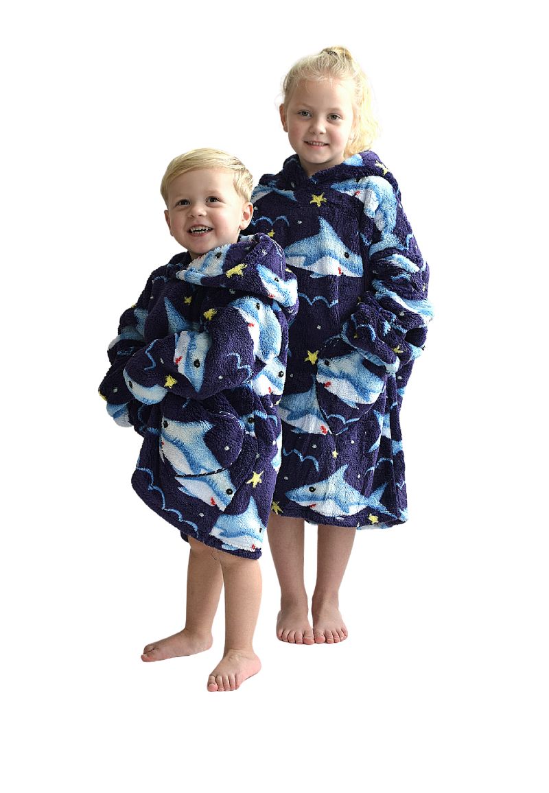 Haai deken kind met capuchon fleece poncho-98 t-m 128 (ca.3-7 jaar)