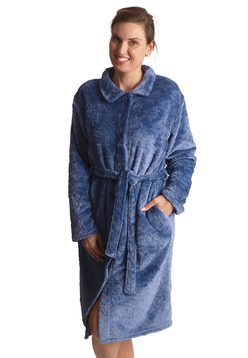 Badjas met knopen – dames badjas fleece – met knoopsluiting – zacht & warm - blauw - maat L