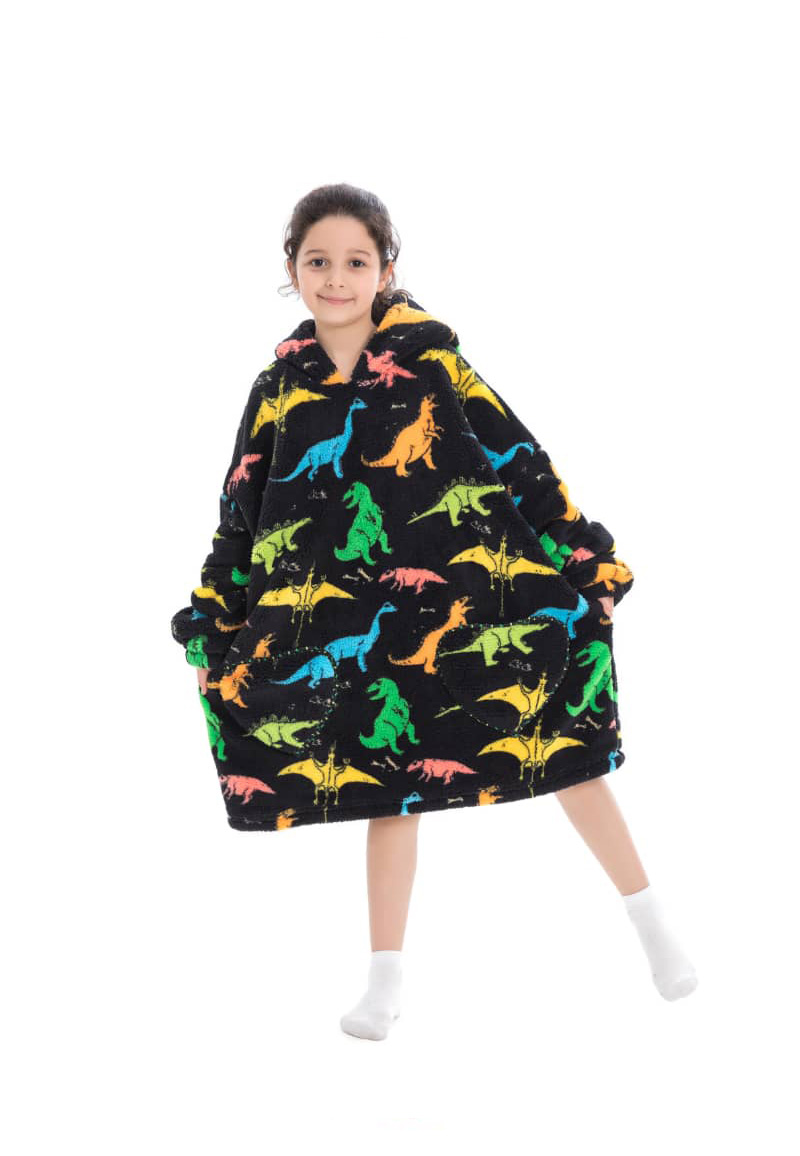 Dino snuggie kind – fleece hoodie – fleece snuggie kids 8/12 jaar – maat 134/158 – 75 cm - chillen – kindersnuggie - hoodie kinderen – fleece poncho – relax outfit kids – zwart - c