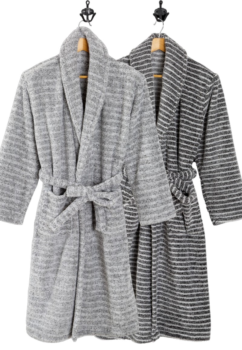 Badjas - dames & heren - fleece badjas donkergrijs gestreept - heerlijk zacht & lekker warm - 280 gr/m² - Relax Company badjas - maat L/XL