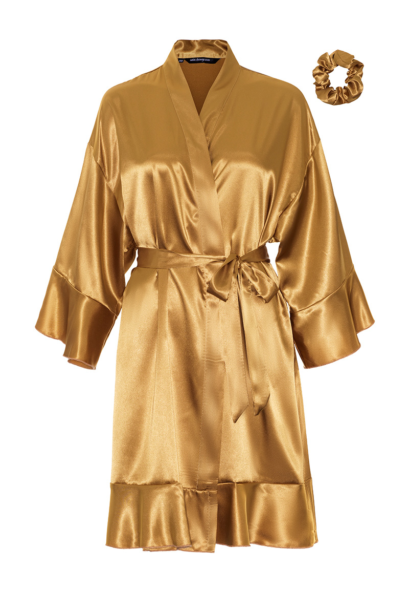 Satijnen kimono dames ruffle goud