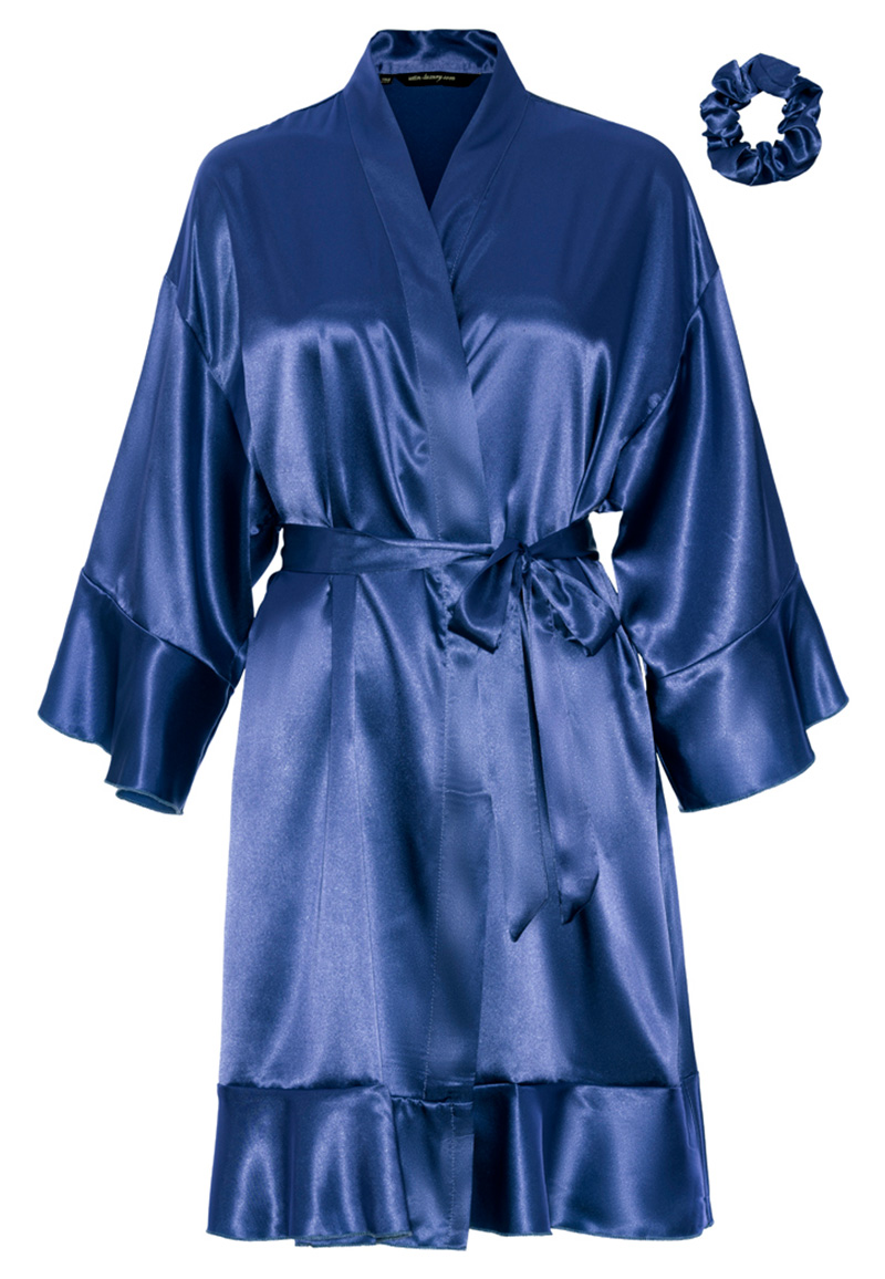 Satijnen kimono dames ruffle donker blauw