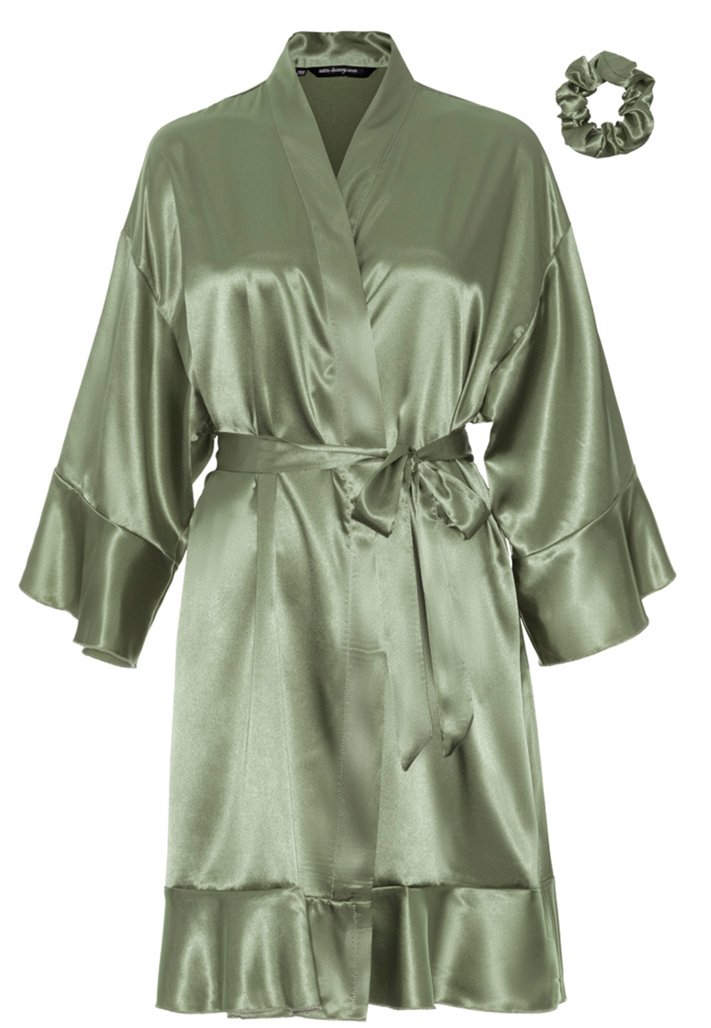 Satijnen kimono dames ruffle olijfgroen