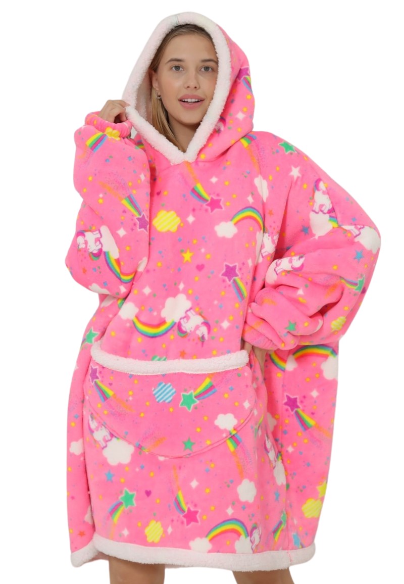 Badrock hoodie deken - Snuggie - fleece deken met mouwen - Snuggle hoodie - Unicorn - neon roze