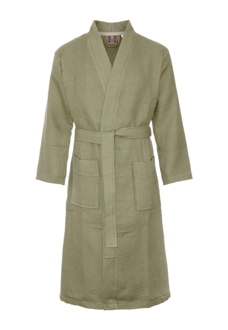 Sauna badjas wafel - biologisch katoen - olijfgroen M - groene unisex badjas - wafel kimono - OEKO-TEX